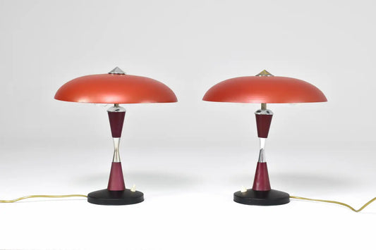 Lampes de table italiennes en aluminium rouge, lot de deux, années 1960