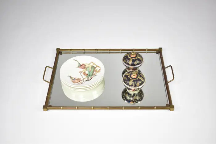 French Neoclassical Brass and Mirrored Glass Tray, 1970s