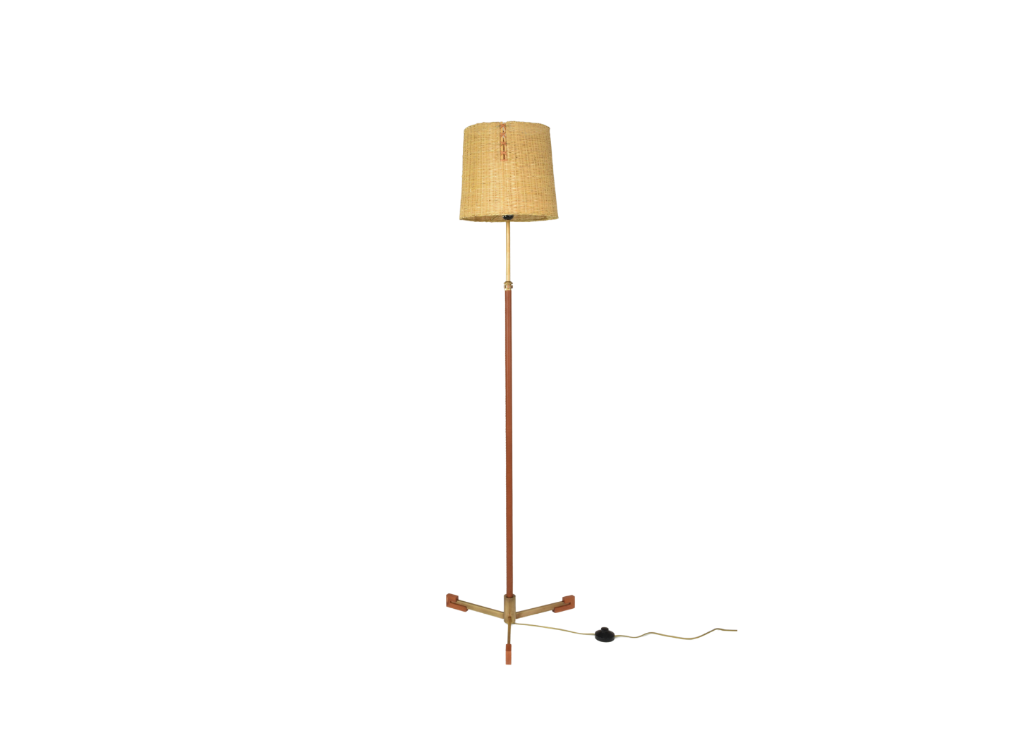 Lampadaire contemporain réglable en cuir, laiton et osier, Ancora-T